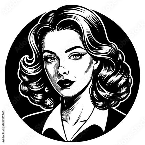 Portrait of a glamorous fashion model with long black hair, expressive eyes, and stylish makeup, a beautiful vector art illustration