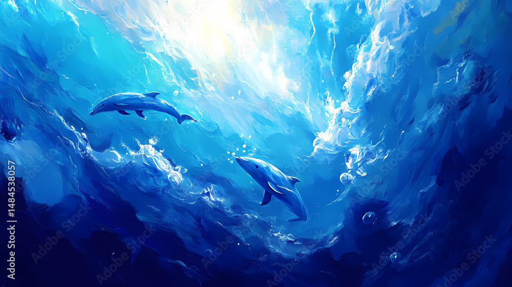 Fototapeta premium Graceful dolphins swimming underwater with sunlight streaming through ocean surface in blue water landscape. [Seraphic Depths] | Deep Benediction | submerged blessing. Illustration