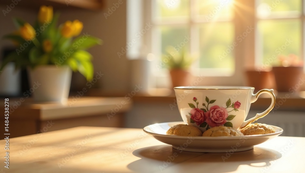 Sunlit kitchen, warm tones, floral teacup and cookies, coffee, pastries, retirement Sunlit kitchen, warm tones, floral teacup and cookies, coffee, pastries, retirement