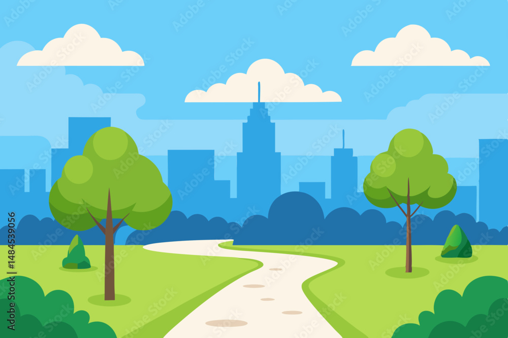 Obraz premium Sunny Summer City Park Trees Sidewalk & Urban Green Space Vector Illustration