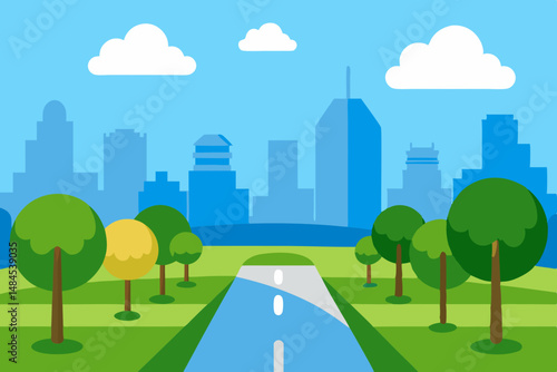 Sunny Summer City Park Trees Sidewalk & Urban Green Space Vector Illustration