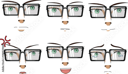 Male Face Expression Set With Glasses Front View Vector