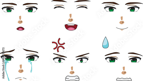 Male 6 Face Expression Set Front View Vector