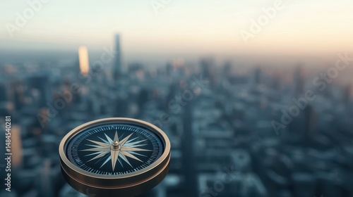Compass in the foreground with a blurred city skyline in the background during sunrise or sunset