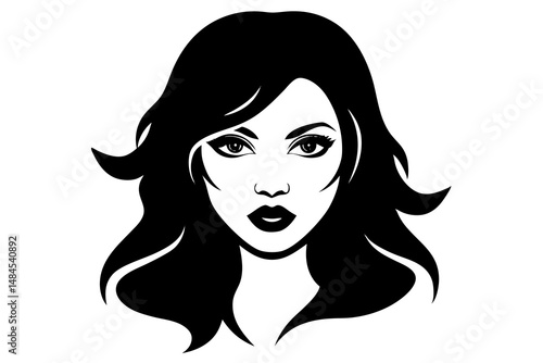 Stock Photo Description

A beautiful woman with long flowing hair, a fashionable illustration of a lady's face and head with glamorous eyes and lips, a sleek black line art vector design