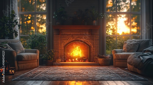 A cozy fireplace crackles with warmth, casting a soft glow on the surrounding room, comfortable armchairs invite relaxation, a scene of domestic comfort and peace