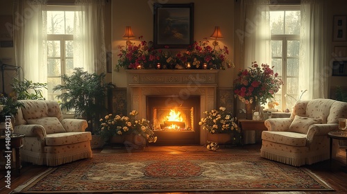 A cozy fireplace crackles with warmth, casting a soft glow on the surrounding room, comfortable armchairs invite relaxation, a scene of domestic comfort and peace