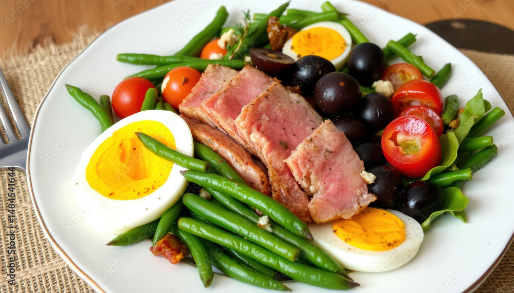 Fresh salad with cooked meat, boiled eggs, cherry tomatoes, green beans, and olives on white plate, served with fork on rustic table, evoking healthy and colorful meal experience Fresh salad with cooked meat, boiled eggs, cherry tomatoes, green beans, and olives on white plate, served with fork on rustic table, evoking healthy and colorful meal experience