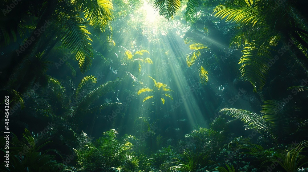 Fototapeta premium A dense jungle canopy with dappled sunlight filtering through the leaves, creating a mosaic of light and shadow