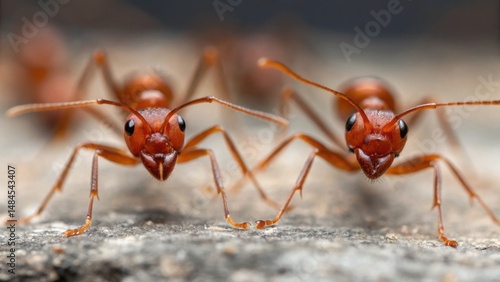 Wallpaper Mural Close-up view of two ants on a surface, showcasing their intricate features and textures in a natural setting. Torontodigital.ca