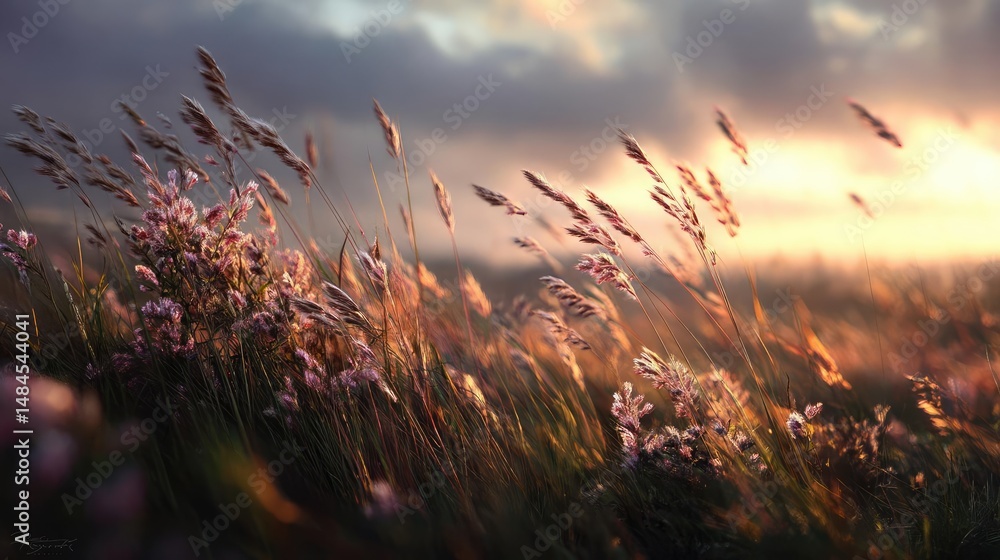 Obraz premium Blowing in the wind with foliage over morning meadow concept. A serene landscape of wildflowers swaying in the golden sunset.