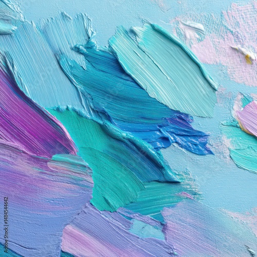 Teal, soft pink, and light blue paint strokes on canvas form a smooth, colorful abstract design.