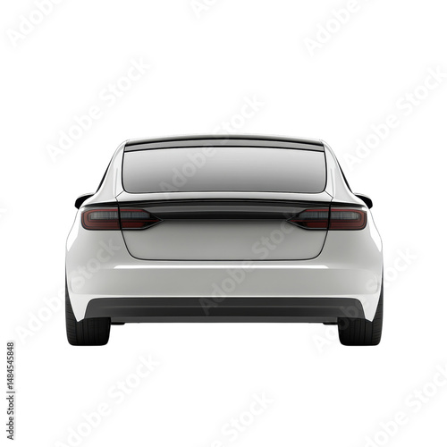 A sleek white electric car viewed from the rear under a stark modern on transparent background