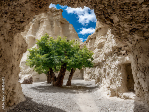 peaceful scene of a desert spring with lush vegetation around it, framed by a natural rock formation, highlighting the unexpected greenery in the arid landscape,