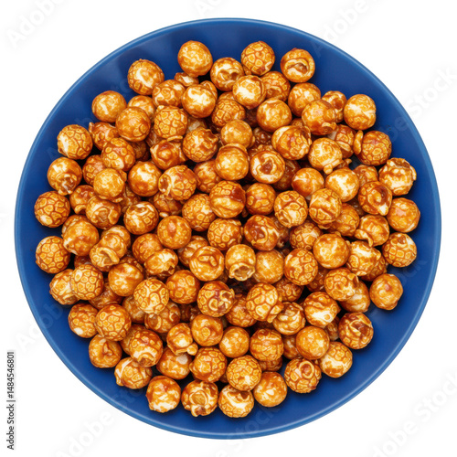 Close-up of a blue bowl filled with caramel popcorn, highlighting texture and shine