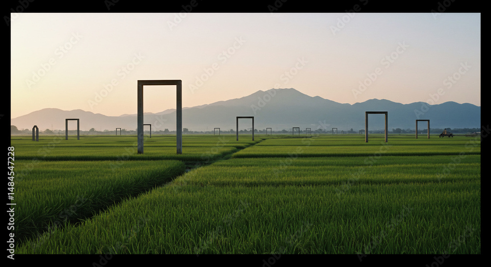 Fototapeta premium 緑輝く田園、静かに立つ幾つの枠。朝焼け染まる山並みが美しい。