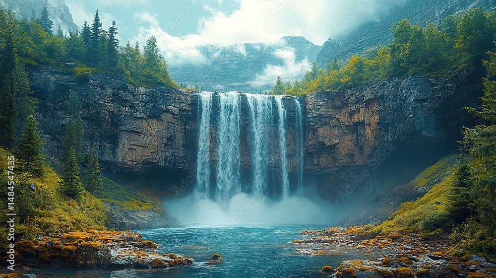 Fototapeta premium A dramatic view of a powerful waterfall cascading over a cliff face into a rocky gorge below