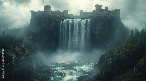 A dramatic view of a powerful waterfall cascading over a cliff face into a rocky gorge below