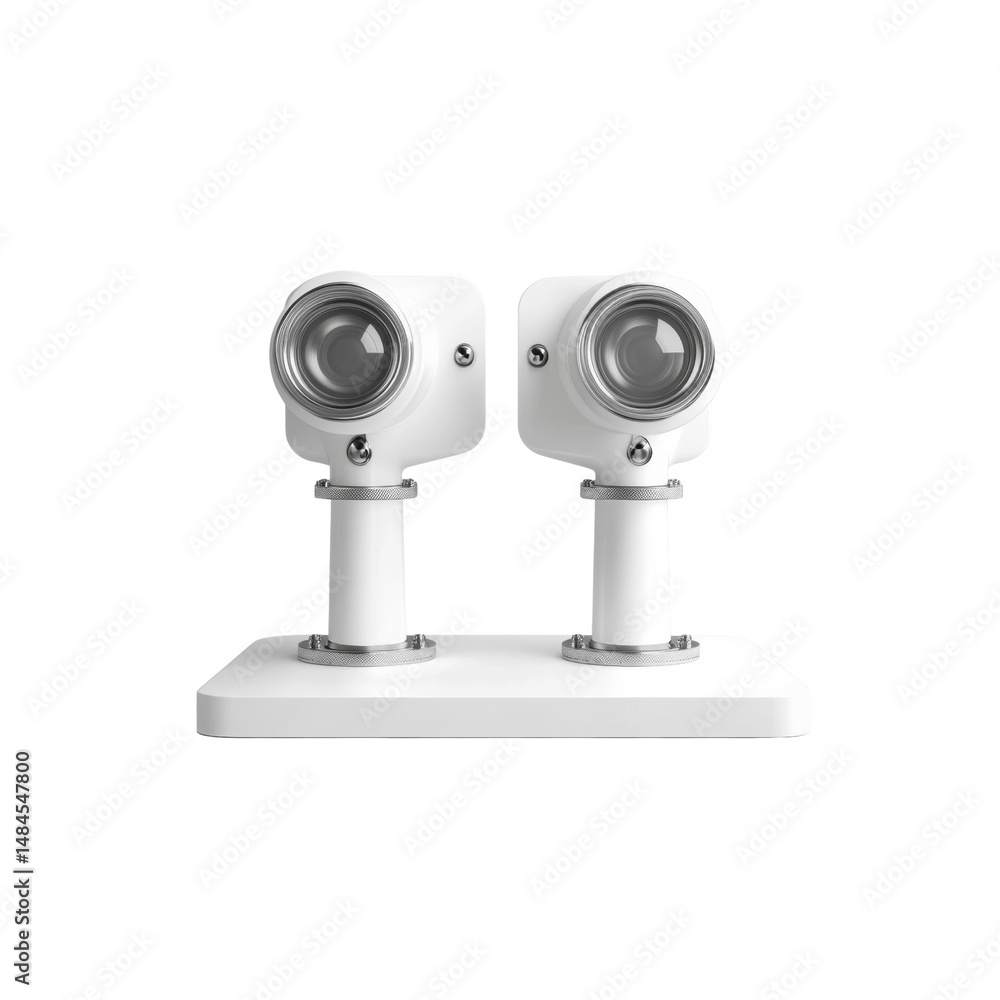 Pair of Modern White Security Cameras on a White Base Pair of Modern White Security Cameras on a White Base