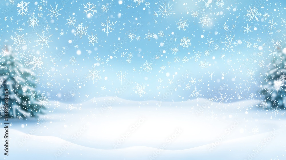 Winter Wonderland Background with Soft Snowflakes and Blue Sky for Seasonal Greeting Card Design Winter Wonderland Background with Soft Snowflakes and Blue Sky for Seasonal Greeting Card Design
