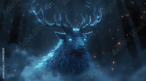 A fantastical creature with glowing eyes and intricate antlers moving through a misty, enchanted forest at twilight