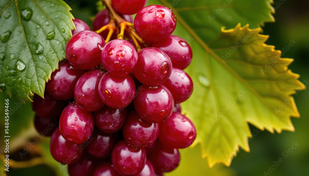 Fototapeta premium Fresh red grapes hanging on vine with water droplets, surrounded by green and yellow leaves, showcasing ripeness and natural beauty, perfect for healthy food or vineyard themes