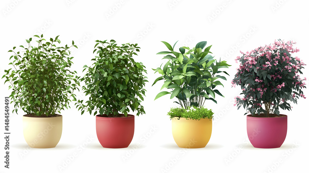 Fototapeta premium Four potted indoor plants, white background, home decor