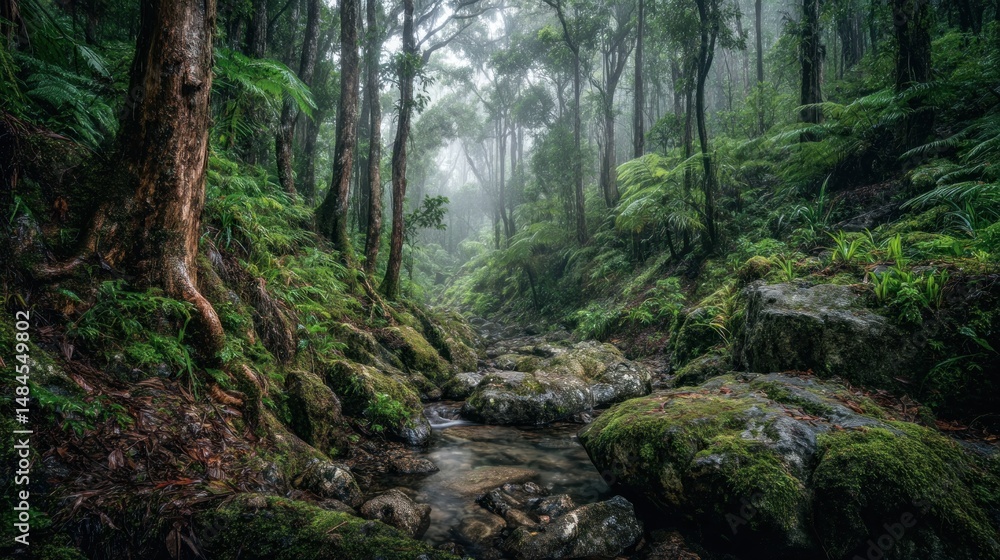 Lush, misty rainforest creek Lush, misty rainforest creek