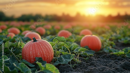 A field of ripe pumpkins in a patch at sunset, their round shapes and warm colors evoking the autumn harvest season