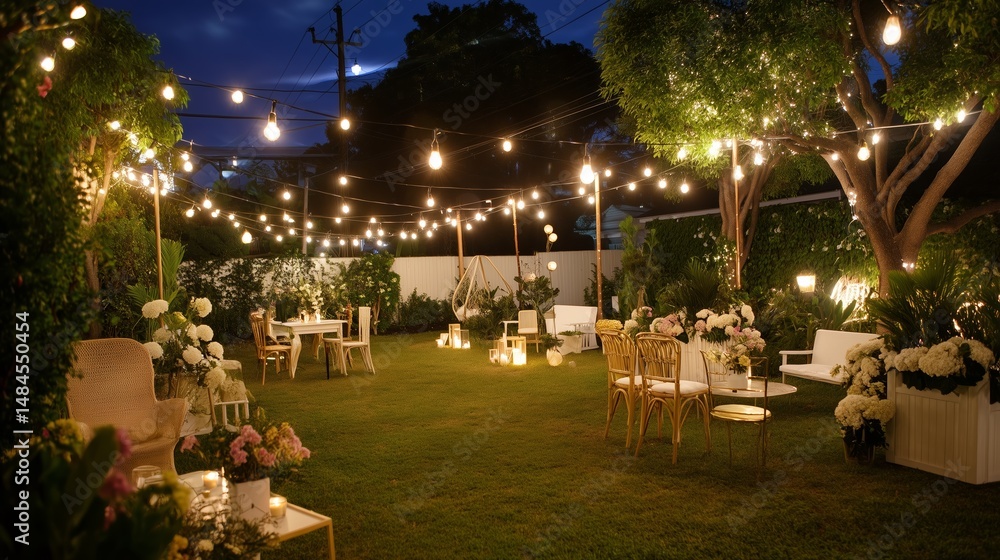 Elegant garden party under string lights at twilight with delicate floral arrangements and cozy seating