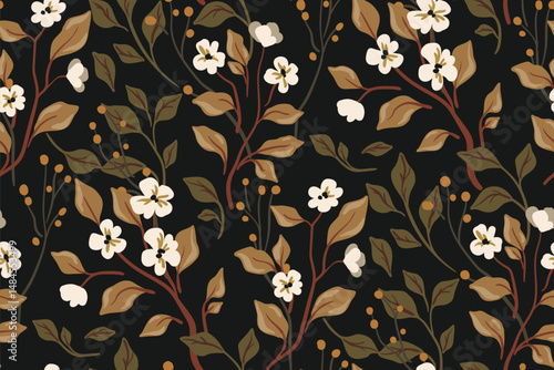 Seamless floral pattern, liberty ditsy print with elegant autumn garden. Stylish botanical design of small hand drawn flowers, tiny leaves, twigs on dark brown background. Vector illustration.