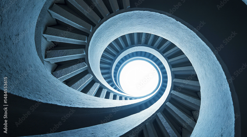 Fototapeta premium Spiraling Staircase with Abstract Design Leading to Bright Light Above