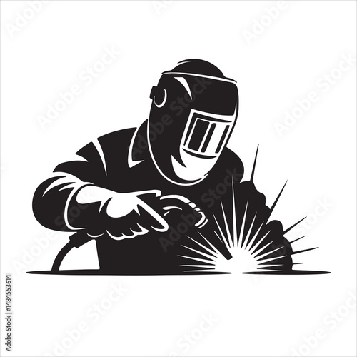 Black And White Vector Illustration Of A Welder At Work With Protective Gear.