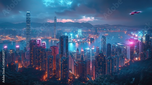 A futuristic cityscape glows with neon lights, towering skyscrapers pierce the night sky, flying vehicles zip between buildings, a vision of technological advancement