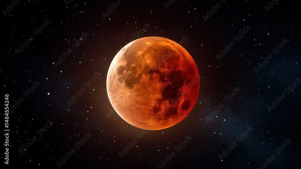 Fototapeta premium Full blood moon, vibrant red hue against starlit night sky