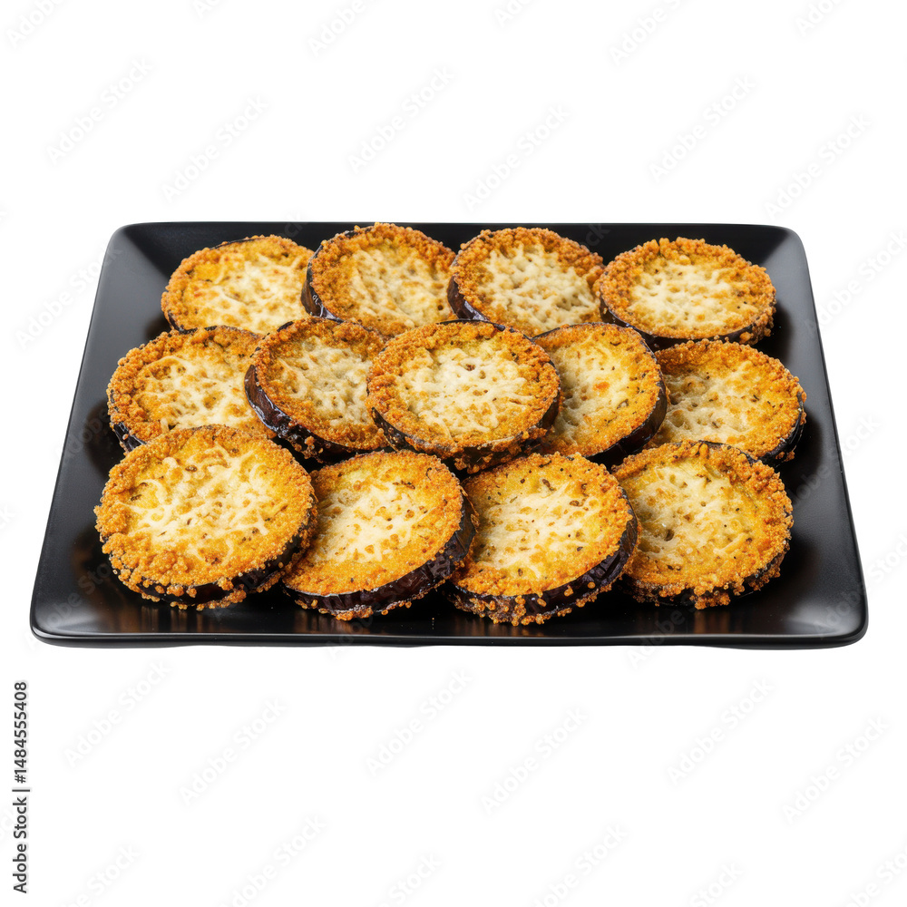 Golden-brown baked eggplant rounds on a black platter, ready to serve as a delicious appetizer Golden-brown baked eggplant rounds on a black platter, ready to serve as a delicious appetizer