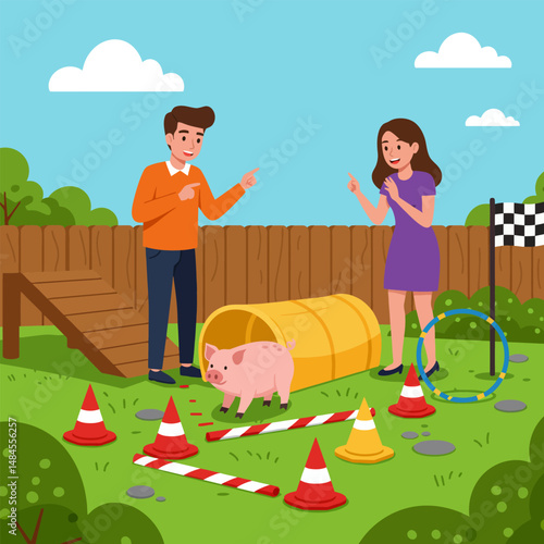 Pig Navigating Obstacle Course Watched by People in Outdoor Setting
