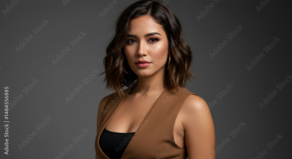 Striking brunette with tan vest on grey backdrop Striking brunette with tan vest on grey backdrop