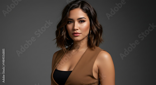 Wallpaper Mural Striking brunette with tan vest on grey backdrop Torontodigital.ca