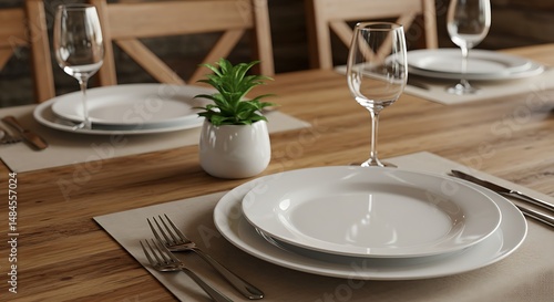 The image showcases a casual yet elegant dining setup with white plates, silver fork, knife, and spoon on a light brown placemat, placed on a wooden table with a clear glass and a vase