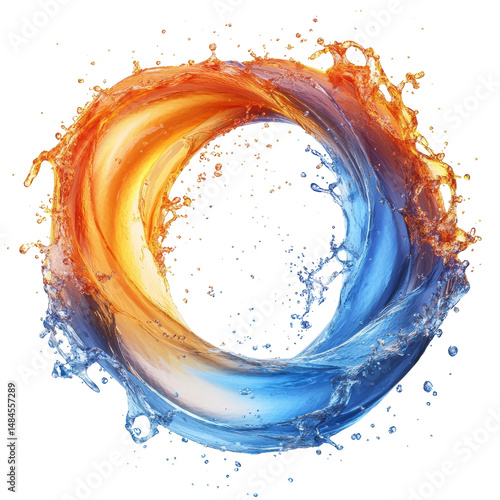 A dynamic ring of swirling water fire meets ice in harmonious flow with on transparent background
