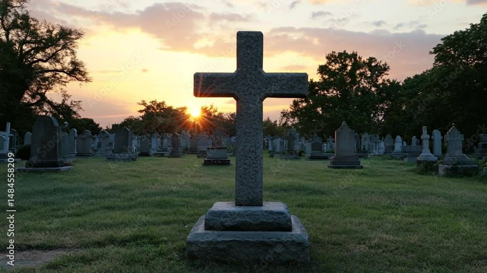 Sunset over a tranquil cemetery with a prominent cross and gravestones silhouetted Sunset over a tranquil cemetery with a prominent cross and gravestones silhouetted