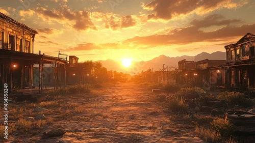 Sunset over an abandoned western town, showcasing old buildings and a dusty street