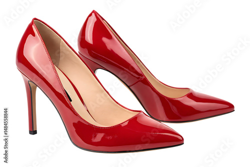 Shiny Pair of Red Patent Leather High Heels with Pointed Toe on Transparent Background, AI Generated
