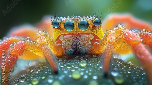 A macro shot of delicate water droplets clinging to the intricate web of a spider, reflecting the surrounding greenery with stunning clarity and detail
