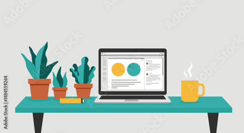 Stylish home office desk with laptop, plants, and coffee cup in a modern flat design
