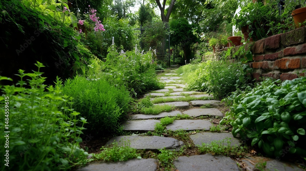 Lush garden path surrounded by vibrant plants and herbs in an inviting outdoor space at midday