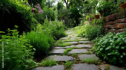 Lush garden path surrounded by vibrant plants and herbs in an inviting outdoor space at midday