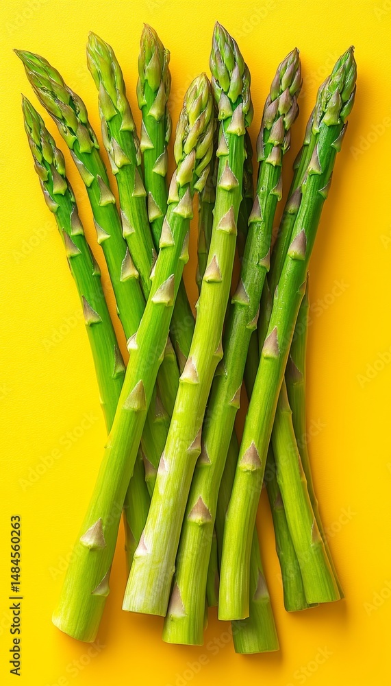 Fototapeta premium Vibrant Green Asparagus Stalks, Isolated on a Bold Yellow Background, Culinary Essence