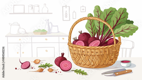 Beetroot in basket with beetroot slice in kitchen vector design, Beetroot Illustration vector design